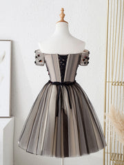 Chiffon Dress, Cute Tulle Short Prom Dress with Flowers, Black Tulle Party Dress