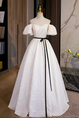 Bridesmaid Dresses Formal, Simple A-Line Jacquard Fabric Long Prom Dress, Off the Shoulder Evening Dress