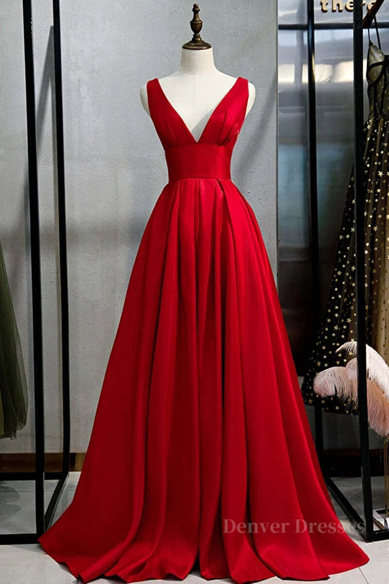 Prom Dress With Pockets, Simple A Line V Neck and V Back Red Satin Long Prom Dress, Cheap V Neck Red Formal Graduation Evening Dress