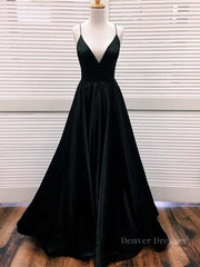 Unique Wedding Dress, Simple A Line V Neck Black Satin Long Prom Dresses, Black Formal Dresses, Evening Dresses 2019