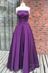 Prom Dresse Backless, Simple Backless Purple Satin Long Prom Dresses, Backless Purple Formal Dresses, Purple Evening Dresses