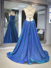 Bridesmaid Dress Styles Long, Simple blue satin long prom dress, blue backless long evening dress