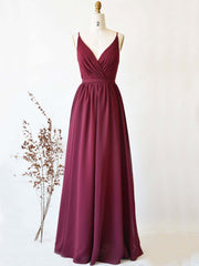 Evening Dress V Neck, Simple burgundy chiffon lace long prom dress, burgundy evening dress
