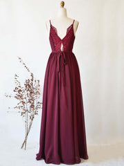 Evening Dresses V Neck, Simple burgundy chiffon lace long prom dress, burgundy evening dress
