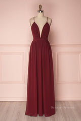 Party Dress Spring, Simple burgundy chiffon long prom dress burgundy formal dress