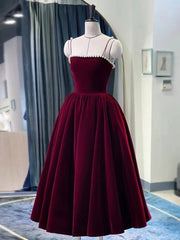 Festival Outfit, Simple burgundy tea length prom dress, burgundy homecoming dress