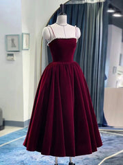 Homecomming Dresses Floral, Simple burgundy tea length prom dress, burgundy homecoming dress