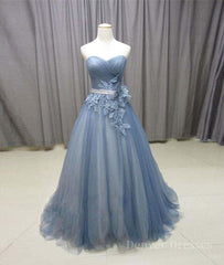 Evening Dresses Ball Gown, Simple gray blue tulle lace applique long prom dress, tulle evening dress