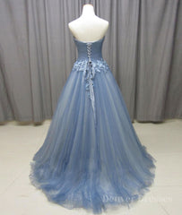 Evening Dresses Vintage, Simple gray blue tulle lace applique long prom dress, tulle evening dress