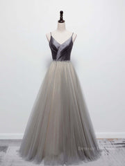 Homecoming Dress Websites, Simple gray v neck tulle long prom dress, gray tulle formal dress