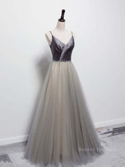 Homecoming Dresses Websites, Simple gray v neck tulle long prom dress, gray tulle formal dress