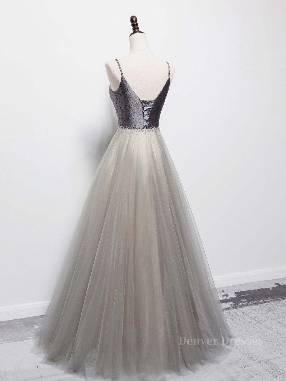 Homecoming Dress Stores, Simple gray v neck tulle long prom dress, gray tulle formal dress