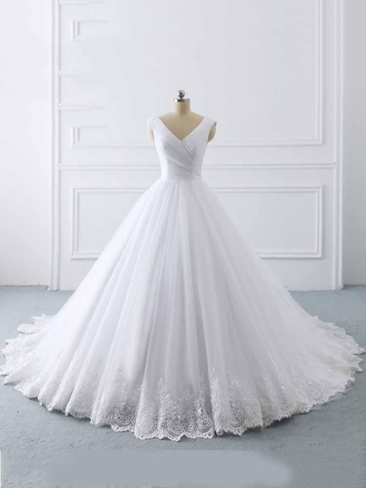 Wedding Dress Near Me, Simple Long Ball Gown V-Neck Lace-Up Tulle Wedding Dresses