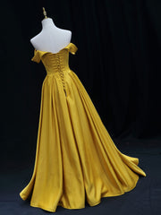 Prom Dresses Long Sleeve, Simple Off Shoulder Yellow Satin Long Prom Dress, Yellow Formal Evening Dress