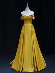 Prom Dresses Off Shoulder, Simple Off Shoulder Yellow Satin Long Prom Dress, Yellow Formal Evening Dress