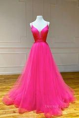 Formal Dress For Wedding Guests, Simple pink v neck tulle long prom dress pink formal dress