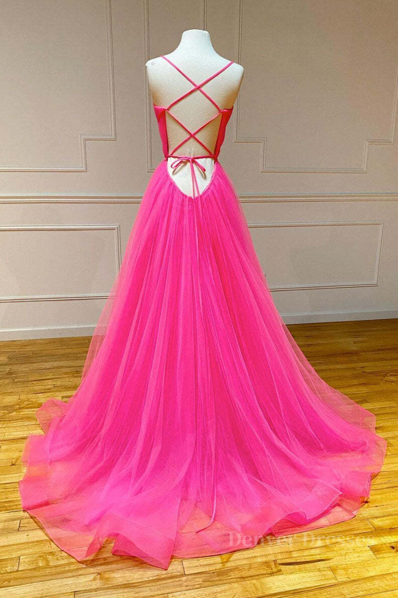Formal Dress For Wedding Guest, Simple pink v neck tulle long prom dress pink formal dress