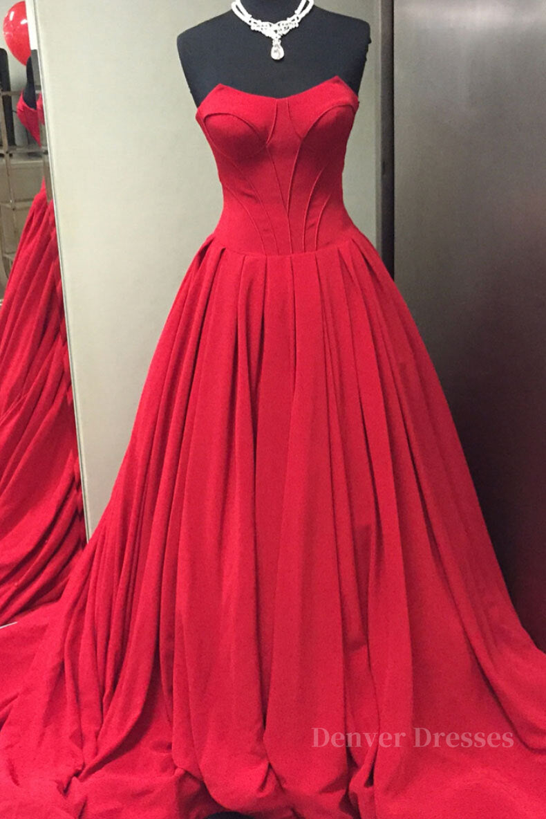 Prom Dressed Ball Gown, Simple red sweetheart long prom dress, red evening dress