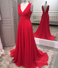 Bridesmaids Dresses Red, Simple Red V Neck and V Back Chiffon Long Prom Dress, V Neck Red Long Evening Dress, Red Formal Dress, Graduation Dress