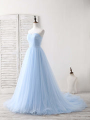 Strapless Dress, Simple Sweetheart Blue Tulle Long Prom Dress Blue Evening Dress