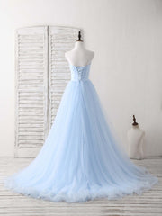 Cocktail Dress Prom, Simple Sweetheart Blue Tulle Long Prom Dress Blue Evening Dress