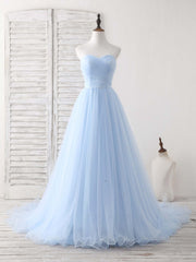 Long Dress Formal, Simple Sweetheart Blue Tulle Long Prom Dress Blue Evening Dress