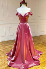 Party Dresses For Summer, Simple sweetheart off shoulder satin long prom dress