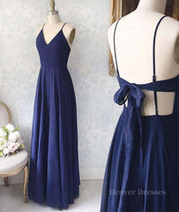 Bridesmaid Dresses Mismatched Summer, Simple V Neck Backless Blue Long Prom Dresses, V Neck Blue Formal Evening Dresses, Blue Graduation Dresses