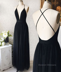 Homecoming Dress Stores, Simple v neck black tulle long prom dress, black evening dress