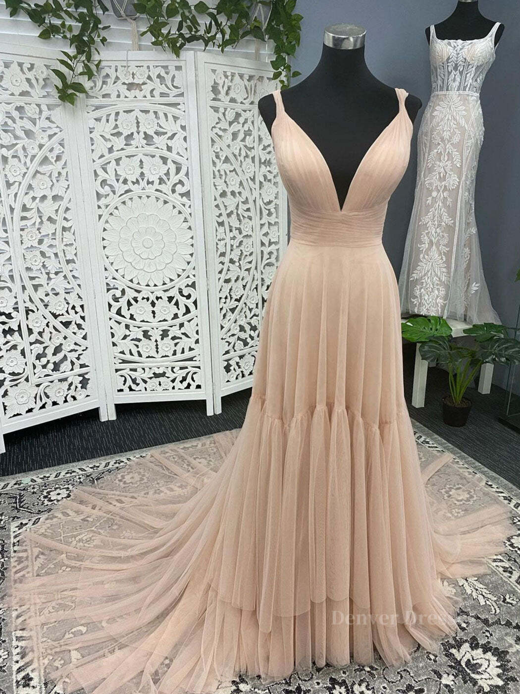 Homecoming Dresses Knee Length, Simple v neck champagne tulle long prom dress, champagne evening dress