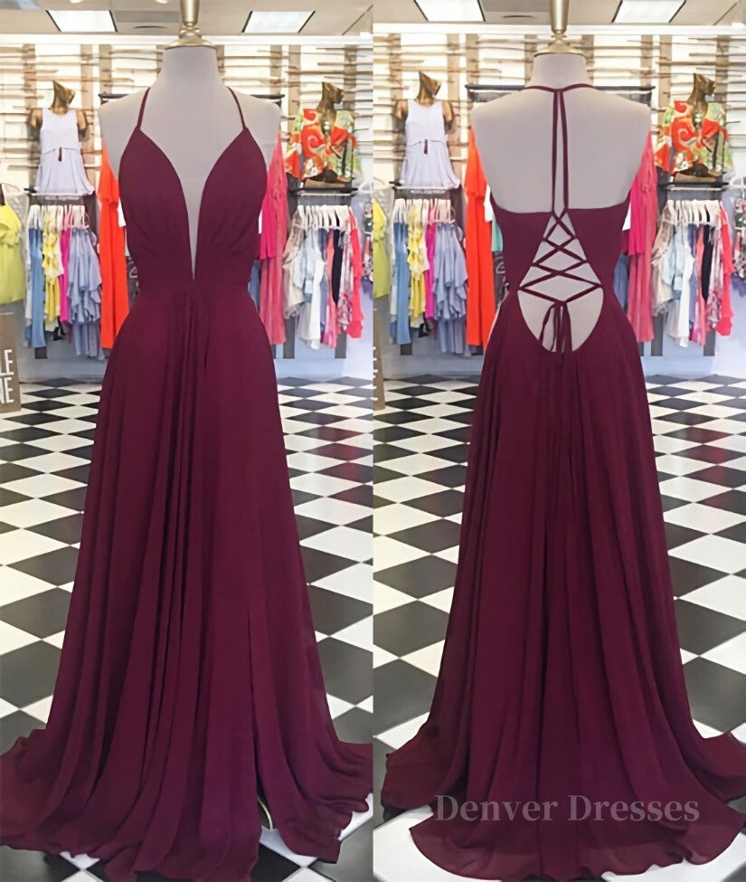 Evening Dress Elegant, Simple v neck chiffon backless long prom dress, Burgundy evening dress