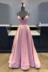 Party Dresses Weddings, Simple v neck pink satin long prom dress pink formal dress