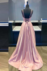 Party Dresses Wedding, Simple v neck pink satin long prom dress pink formal dress