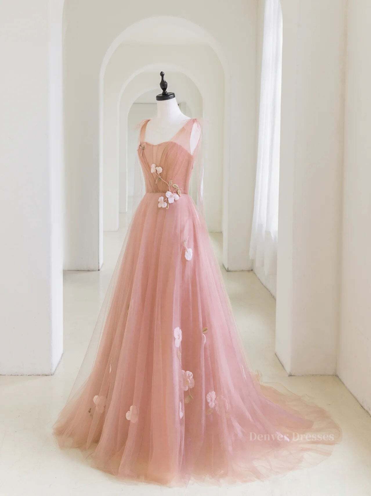 Prom Dresses Simple, Simple v neck pink tulle long prom dress, pink evening dress