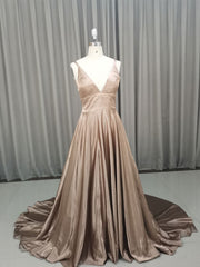 Formal Dresses Prom, Simple v neck satin champagne long prom dress champagne evening dress