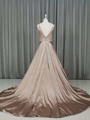 Formal Dresses Vintage, Simple v neck satin champagne long prom dress champagne evening dress