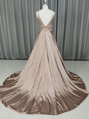 Formal Dresses 2025, Simple v neck satin champagne long prom dress champagne evening dress