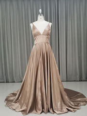 Formal Dresses 2024, Simple v neck satin champagne long prom dress champagne evening dress