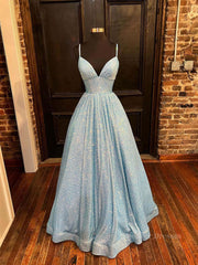 Homecoming Dresses Shop, Simple v neck sequin long prom dress, blue sequin formal dress
