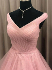 Dress To Wear To A Wedding, Simple V Neck Tulle Long Pink Prom Dress, Pink Tulle Formal Dresses