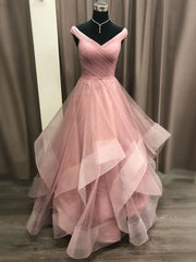 Best Prom Dress, Simple V Neck Tulle Long Pink Prom Dress, Pink Tulle Formal Dresses