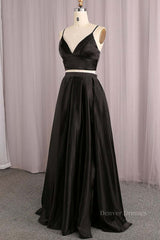 Prom Dresses Laced, Simple V Neck Two Pieces Black Prom Dresses, 2 Pieces Black Long Formal Dresses, Black Evening Dresses