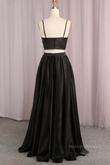 Prom Dresses Laces, Simple V Neck Two Pieces Black Prom Dresses, 2 Pieces Black Long Formal Dresses, Black Evening Dresses