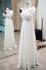 Wedding Dress, Simple white chiffon long prom dress, white evening dress