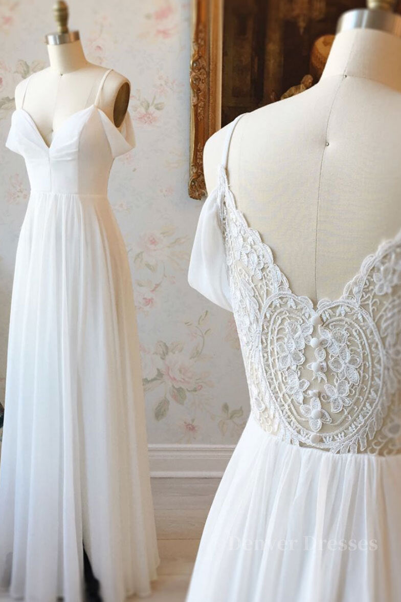 Bridesmaid Dress Beach, Simple white off shoulder chiffon lace long prom dress evening dress
