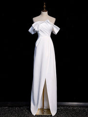 Party Dress Man, Simple White Off Shoulder Satin Long Prom Dress, White Long Formal Dress