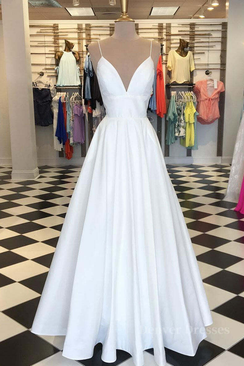 Formal Dresses Online, Simple white v neck satin long prom dress white evening dress