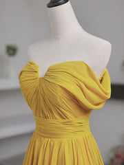 Evening Dresses Australia, Simple Yellow Off Shoulder Long Prom Dress, Yellow Chiffon Graduation Dresses