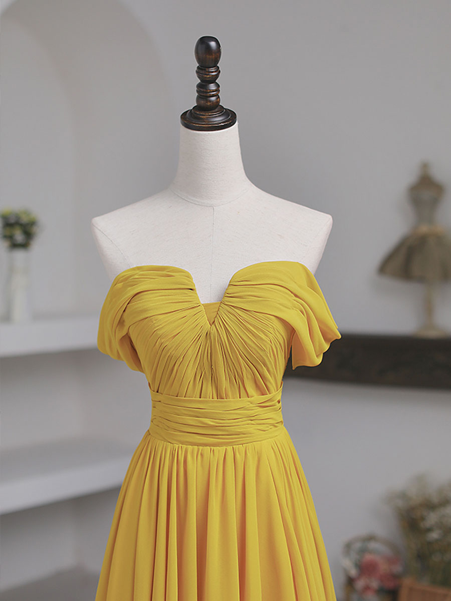 Evening Dresses Cocktail, Simple Yellow Off Shoulder Long Prom Dress, Yellow Chiffon Graduation Dresses