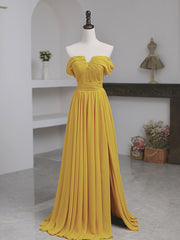 Evening Dress 2025, Simple Yellow Off Shoulder Long Prom Dress, Yellow Chiffon Graduation Dresses